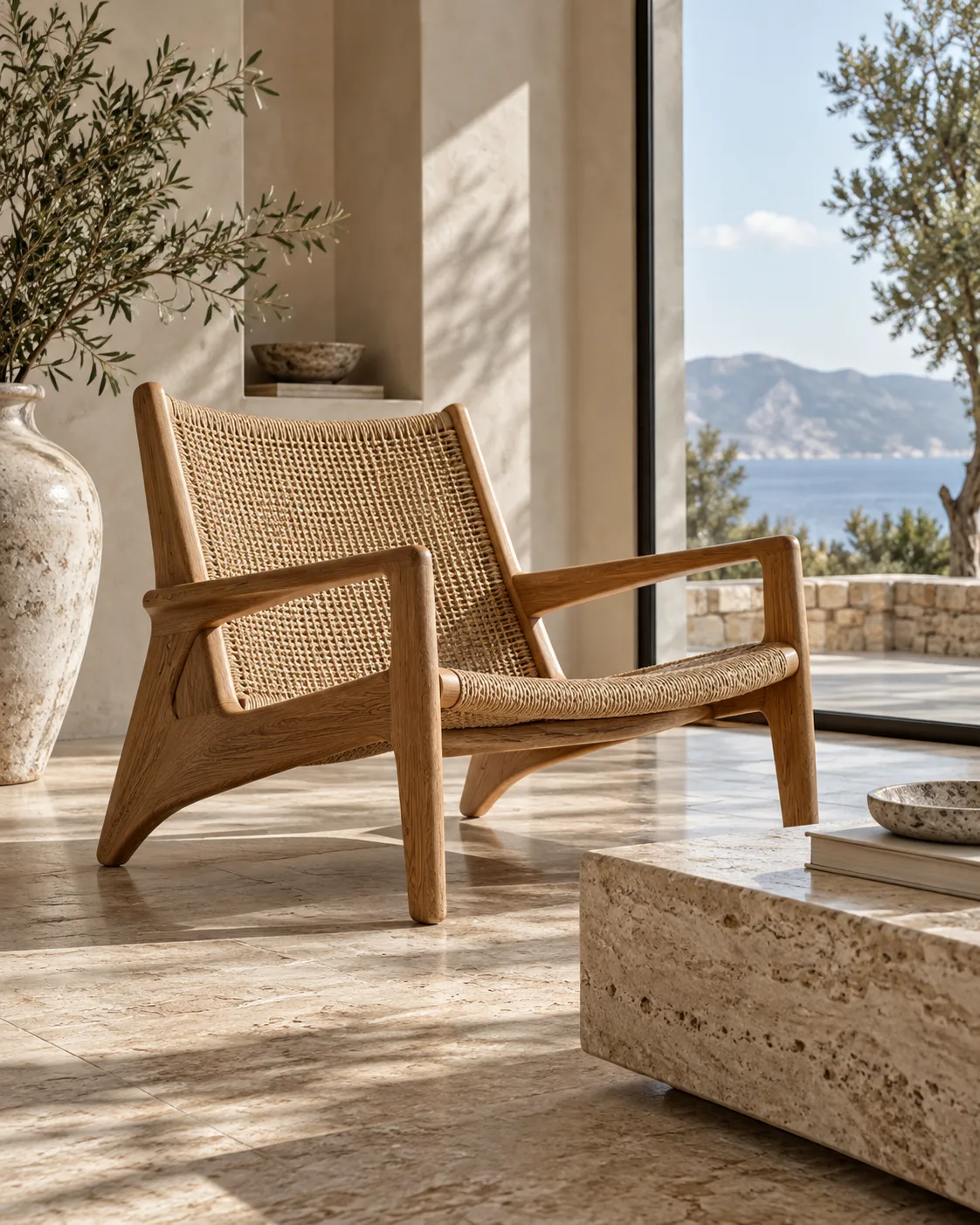 A sculptural oak chair in a sunlit interior